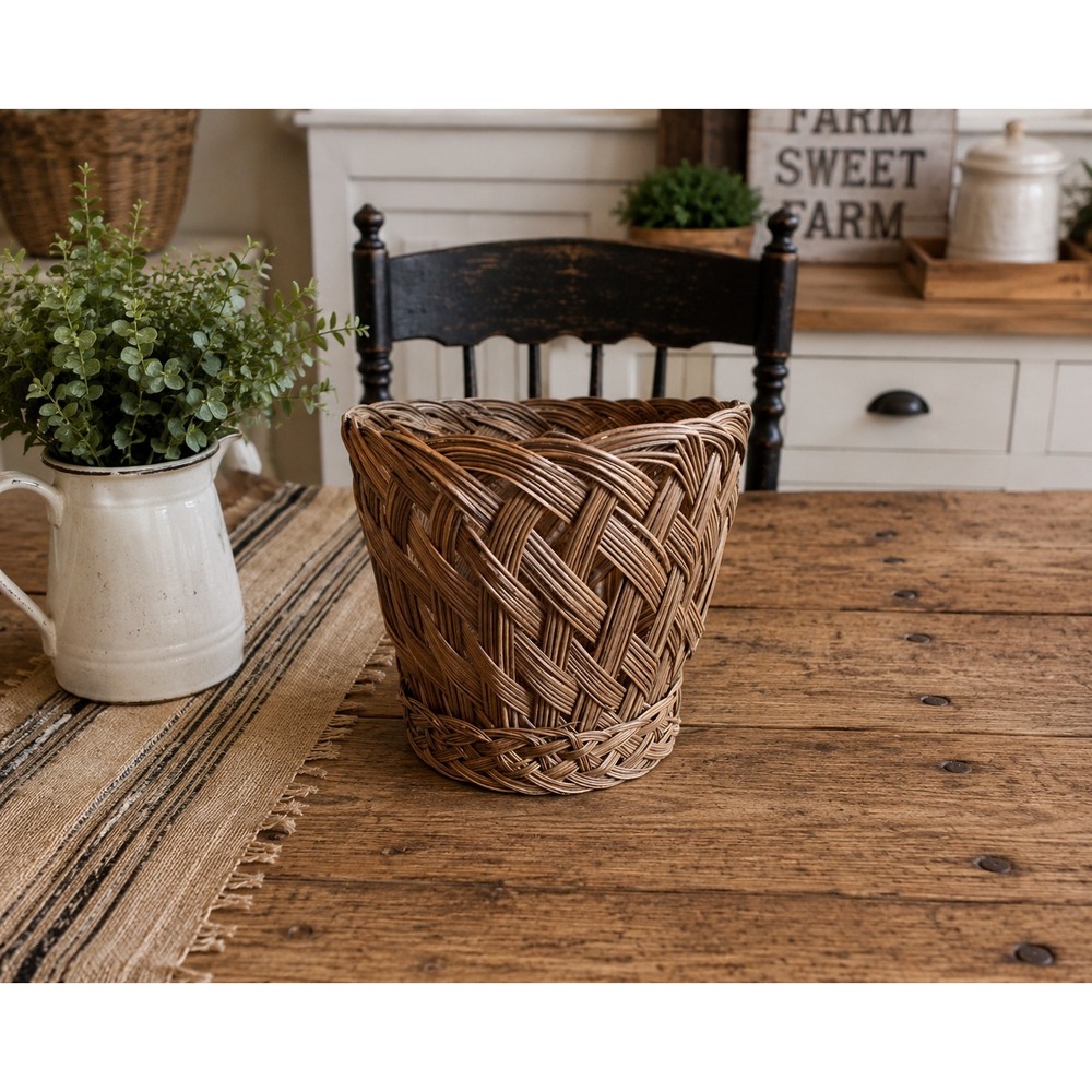 Vintage Woven Wicker Basket Flared Lattice Design Brown Boho Decor 6.5x6.5x6